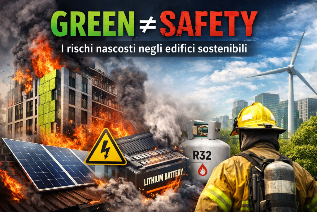 Incendio su edificio green con cappotto termico, pannelli fotovoltaici e batteria al litio, simbolo dei nuovi rischi per la sicurezza antincendio negli edifici sostenibili.